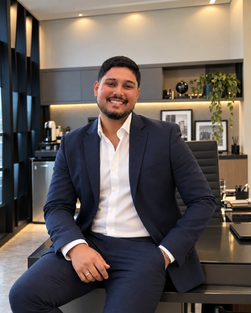 Douglas Goulart, sorrindo em seu escritório, com terno azul